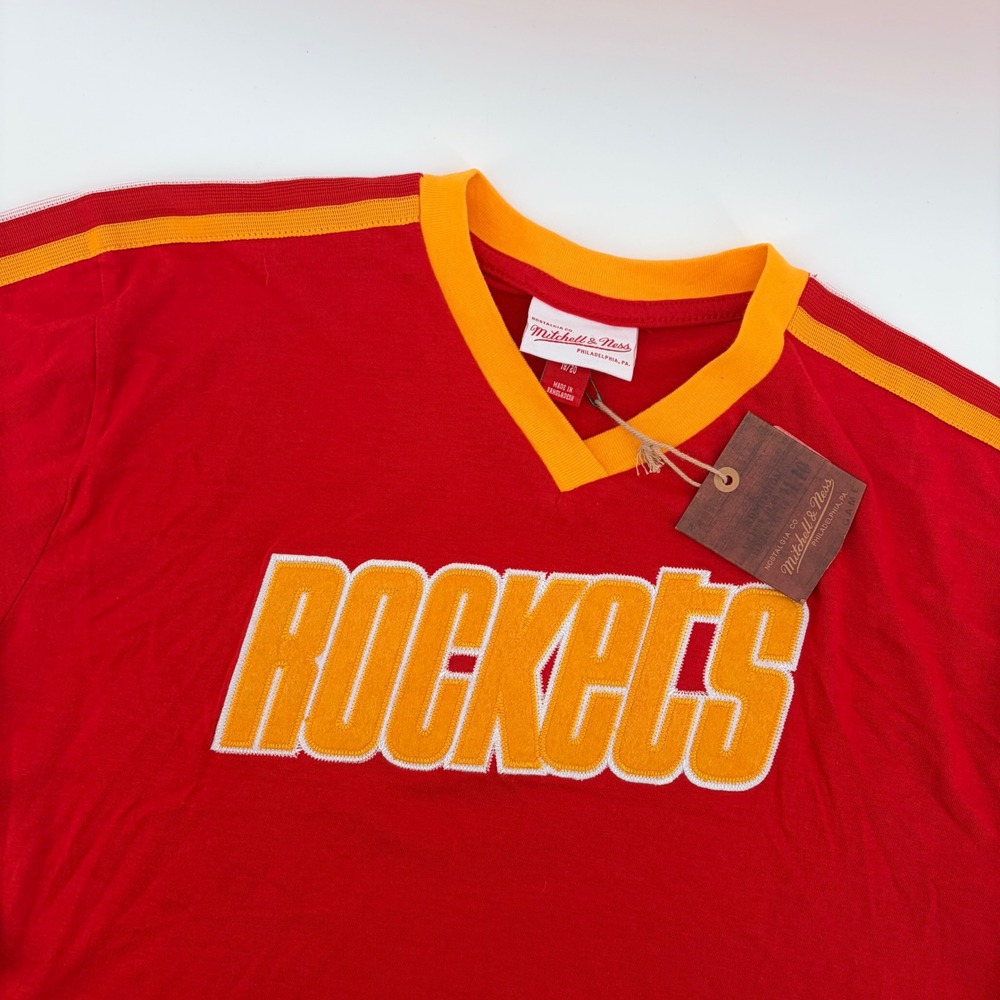 Mitchell & Ness Houston Rockets V-Neck Jersey Shirt Kids XL 18/20 Red Yellow NEW